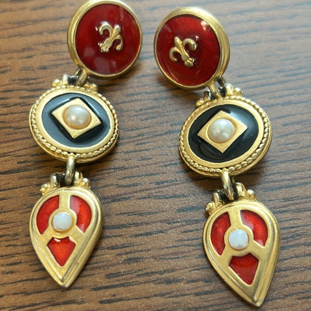 Classy Red and Gold Dangle Earrings with Pearl Accent